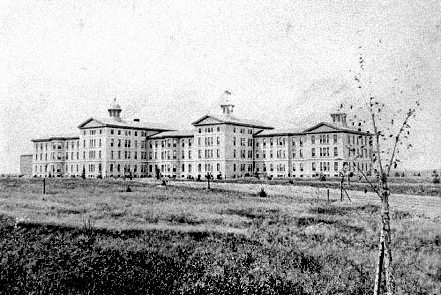 The Old State Hospital seen across an overgrown field: a long nineteenth-century asylum building with cupolas